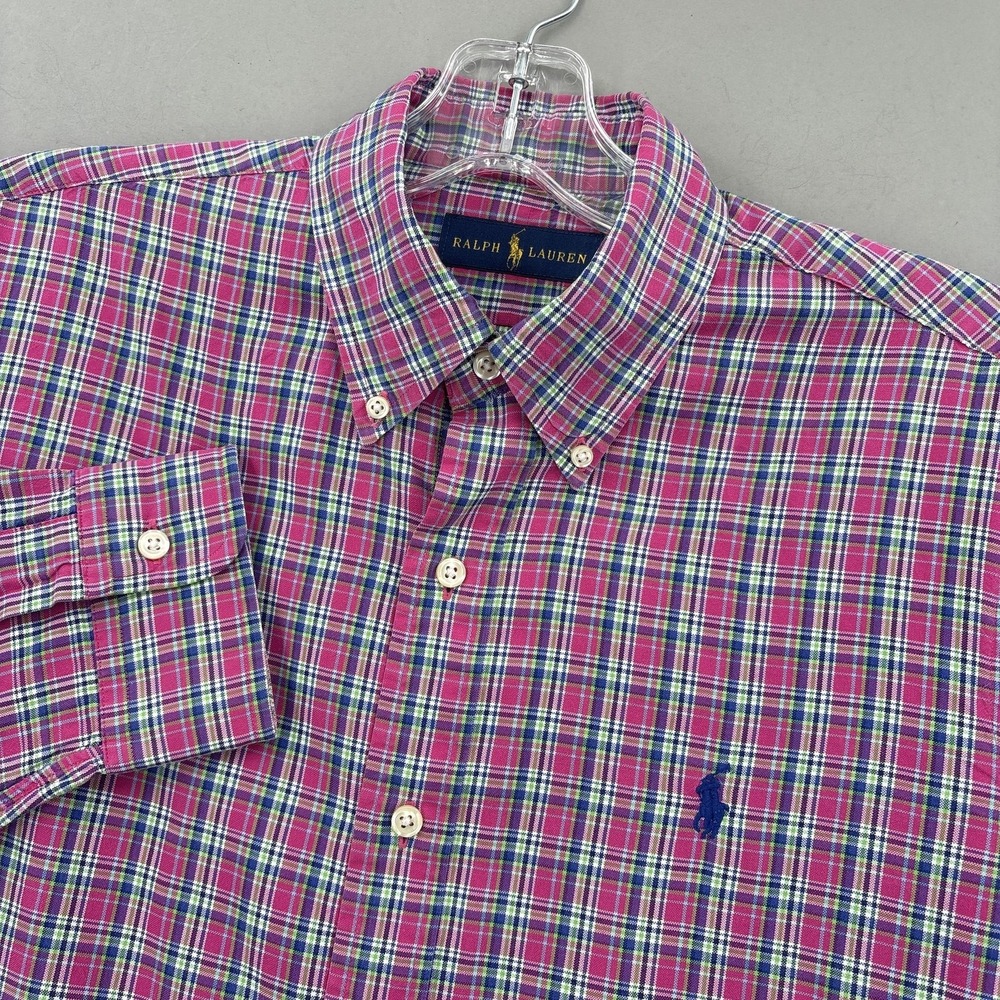 Ralph Lauren Shirt Mens Medium Pink Plaid Button Down Long Sleeve Cotton Preppy